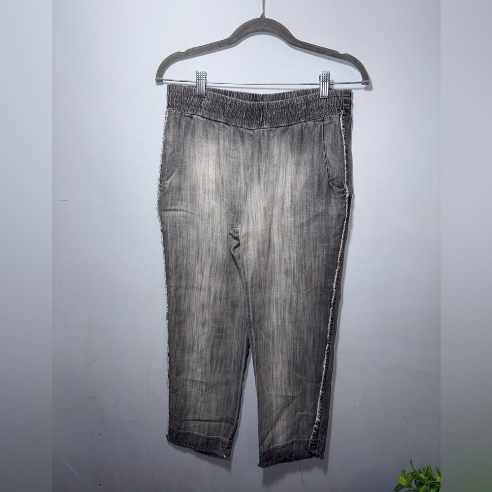 Bella Dahl Tencel Lyocell Grey Washed Fringe Trim Straight Leg Pants Sz S GUC